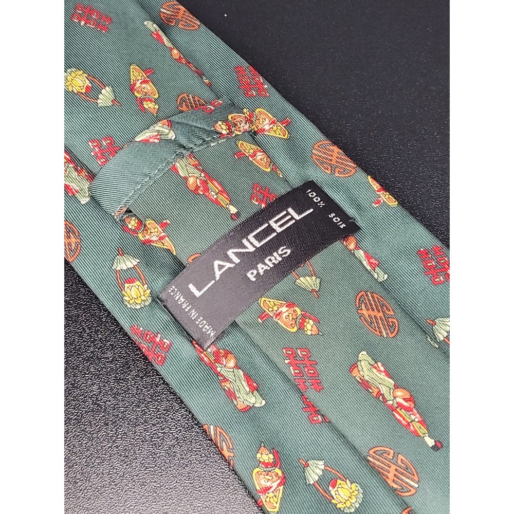 Lancel Paris Mens Silk Necktie Green Chinoiserie Handmade Made in France